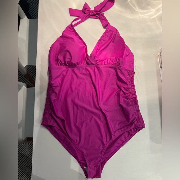 *NWT* Motherhood Maternity Magenta one piece halter swimsuit - Picture 1 of 8